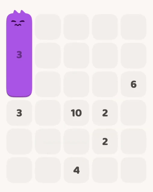 MeowBlock Level 5 after step 1, placing the 3-cell vertical block at the upper-left area