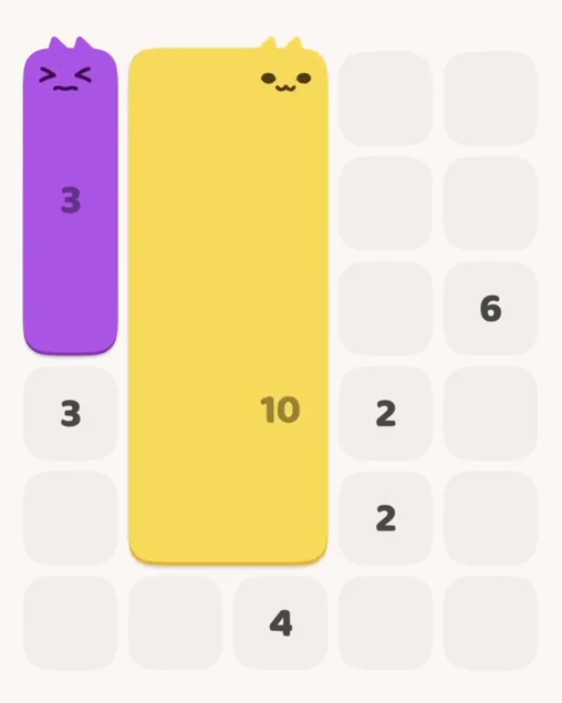 MeowBlock Level 5 after step 2, placing the 10-cell rectangular block at the middle center