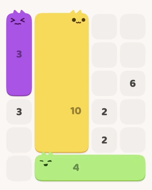 MeowBlock Level 5 after step 3, placing the 4-cell horizontal block at the lower-right area