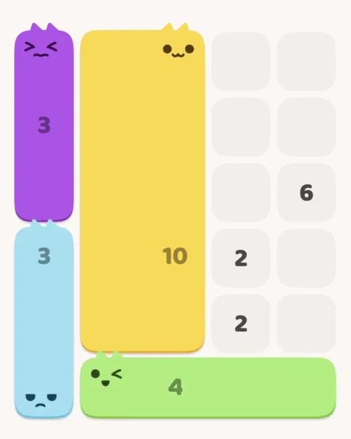 MeowBlock Level 5 after step 4, placing the 3-cell vertical block at the lower-left area