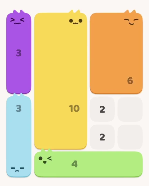 MeowBlock Level 5 after step 5, placing the 6-cell rectangular block at the upper-right area