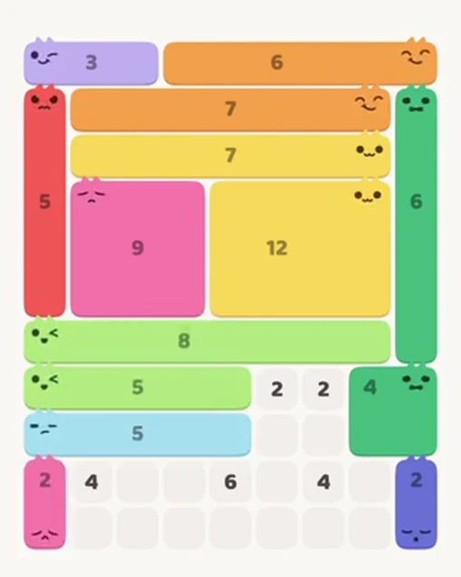 MeowBlock Level 50 after step 14, placing the 2-cell vertical block at the lower-left area
