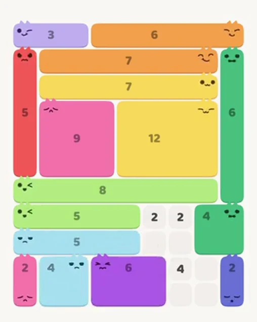 MeowBlock Level 50 after step 16, placing the 6-cell rectangular block at the lower center