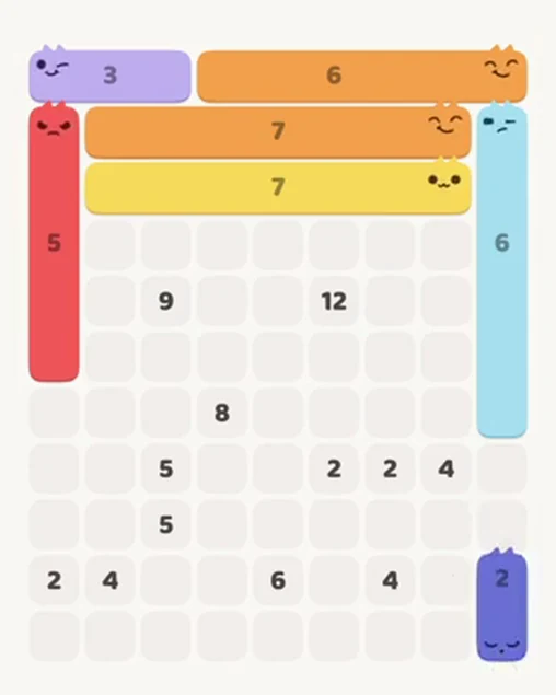 MeowBlock Level 50 after step 7, placing the 2-cell vertical block at the lower-right area