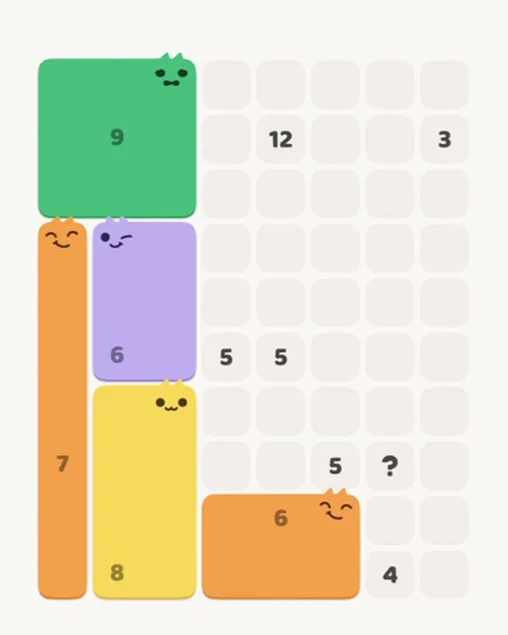 MeowBlock Level 51 after step 5, placing the 6-cell rectangular block at the lower center