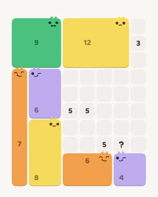 MeowBlock Level 51 after step 7, placing the 12-cell rectangular block at the upper-right area