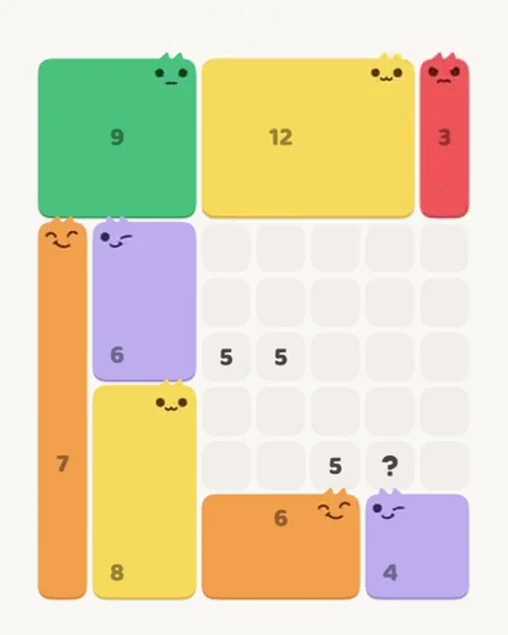 MeowBlock Level 51 after step 8, placing the 3-cell vertical block at the upper-right area