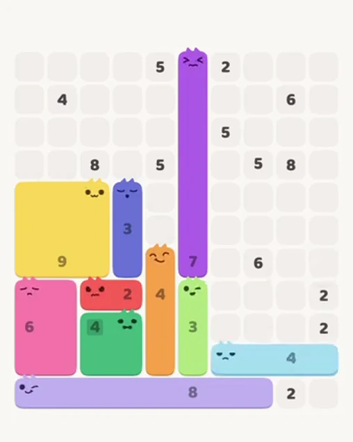 MeowBlock Level 52 after step 10, placing the 4-cell horizontal block at the lower-right area