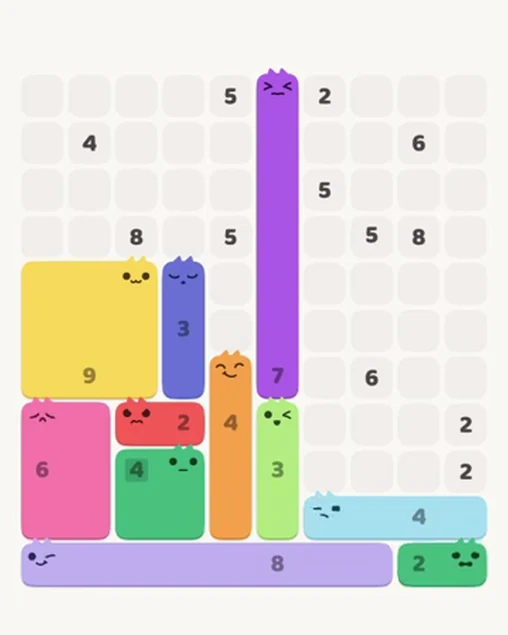 MeowBlock Level 52 after step 11, placing the 2-cell horizontal block at the lower-right area