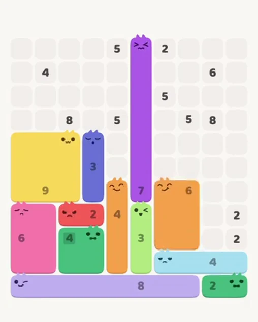 MeowBlock Level 52 after step 12, placing the 6-cell rectangular block at the lower-right area