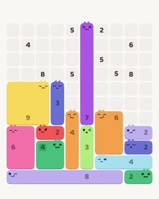 MeowBlock Level 52 after step 14, placing the 2-cell horizontal block at the lower-right area
