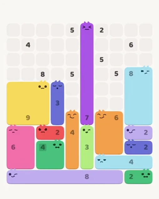 MeowBlock Level 52 after step 15, placing the 8-cell rectangular block at the middle-right area