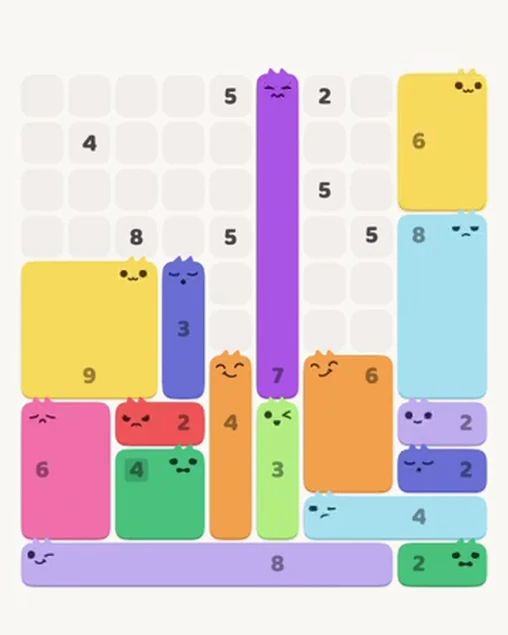 MeowBlock Level 52 after step 16, placing the 6-cell rectangular block at the upper-right area