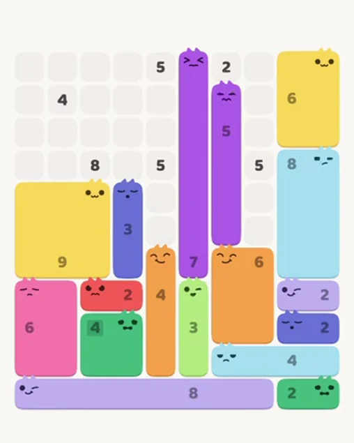 MeowBlock Level 52 after step 17, placing the 5-cell vertical block at the middle-right area