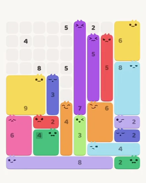 MeowBlock Level 52 after step 18, placing the 5-cell vertical block at the middle-right area