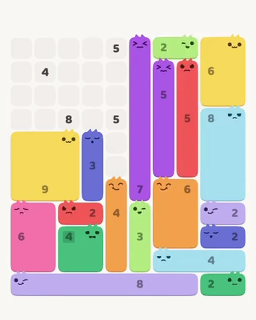 MeowBlock Level 52 after step 19, placing the 2-cell horizontal block at the upper-right area