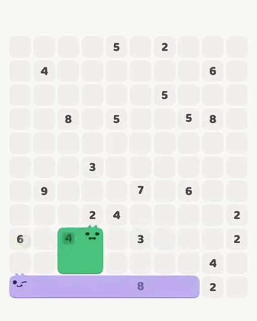 MeowBlock Level 52 after step 2, placing the 8-cell horizontal block at the lower center