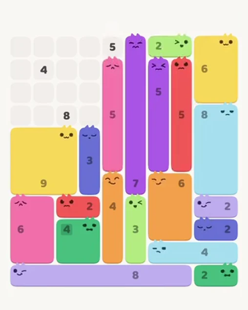 MeowBlock Level 52 after step 20, placing the 5-cell vertical block at the middle center