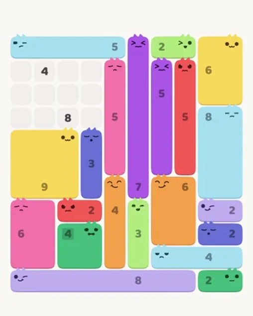 MeowBlock Level 52 after step 21, placing the 5-cell horizontal block at the upper-left area