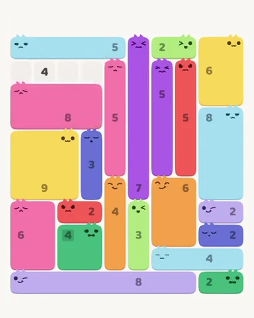 MeowBlock Level 52 after step 22, placing the 8-cell rectangular block at the upper-left area