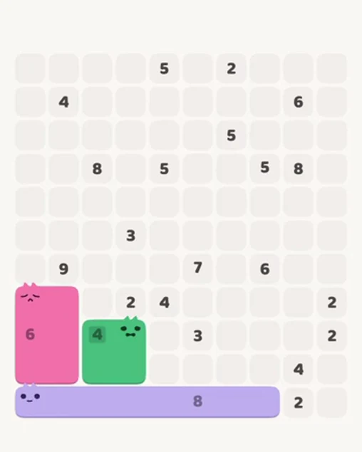 MeowBlock Level 52 after step 3, placing the 6-cell rectangular block at the lower-left area