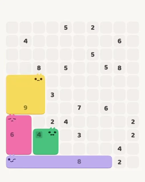 MeowBlock Level 52 after step 4, placing the 9-cell square block at the middle-left area