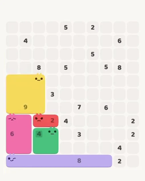 MeowBlock Level 52 after step 5, placing the 2-cell horizontal block at the lower center