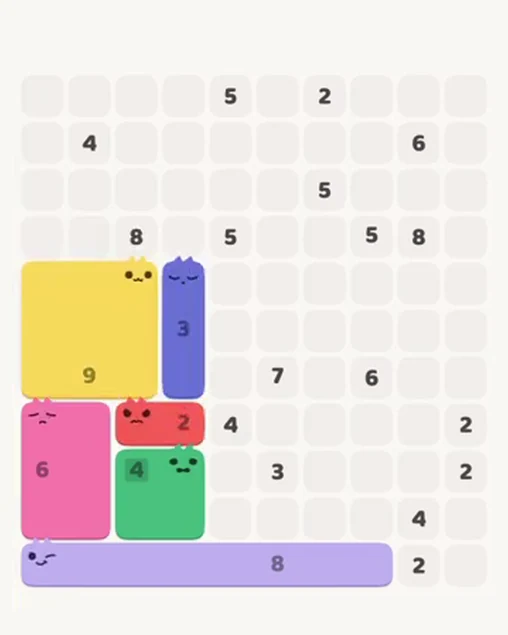 MeowBlock Level 52 after step 6, placing the 3-cell vertical block at the middle center