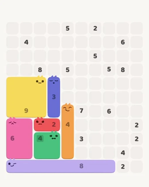 MeowBlock Level 52 after step 7, placing the 4-cell vertical block at the lower center