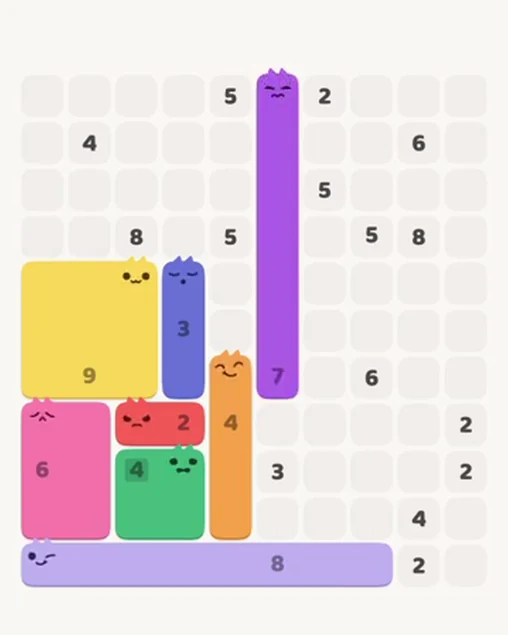 MeowBlock Level 52 after step 8, placing the 7-cell vertical block at the middle center