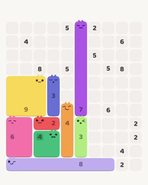 MeowBlock Level 52 after step 9, placing the 3-cell vertical block at the lower center