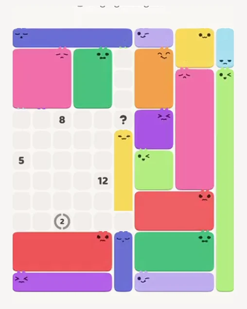 MeowBlock Level 53 after step 18, placing the 6-cell rectangular block at the upper center