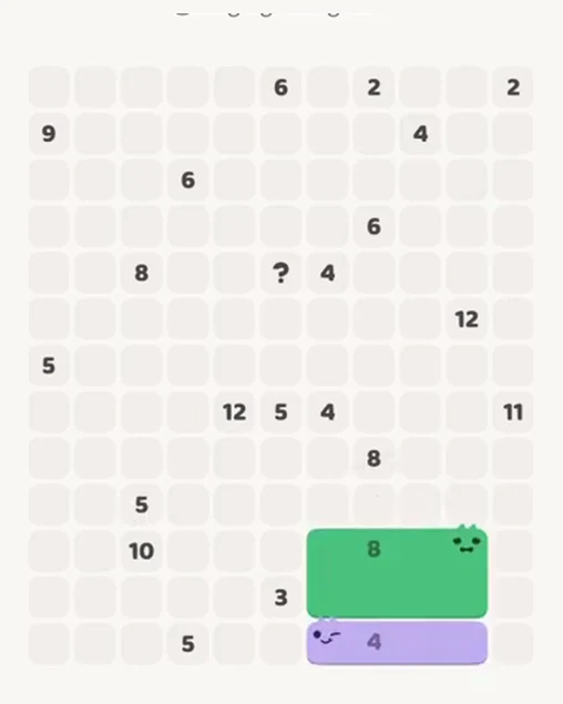 MeowBlock Level 53 after step 2, placing the 8-cell rectangular block at the lower-right area