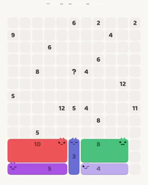 MeowBlock Level 53 after step 5, placing the 10-cell rectangular block at the lower-left area
