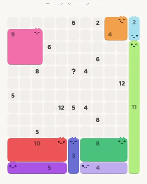 MeowBlock Level 53 after step 9, placing the 2-cell vertical block at the upper-right area