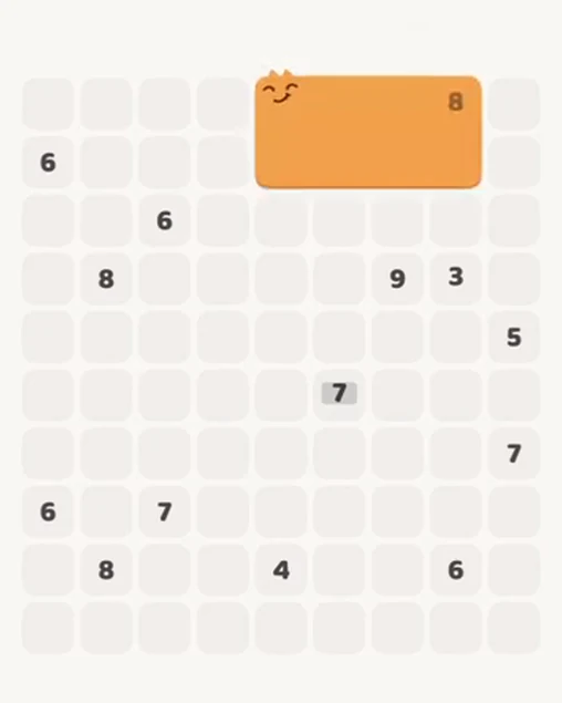 MeowBlock Level 54 after step 1, placing the 8-cell rectangular block at the upper-right area
