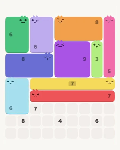 MeowBlock Level 54 after step 10, placing the 6-cell rectangular block at the lower-left area
