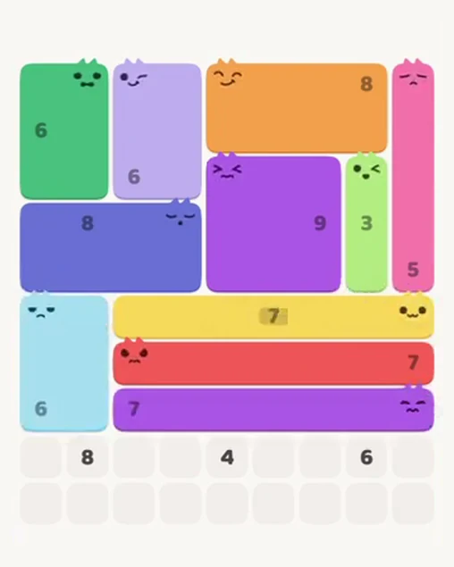 MeowBlock Level 54 after step 11, placing the 7-cell horizontal block at the lower-right area
