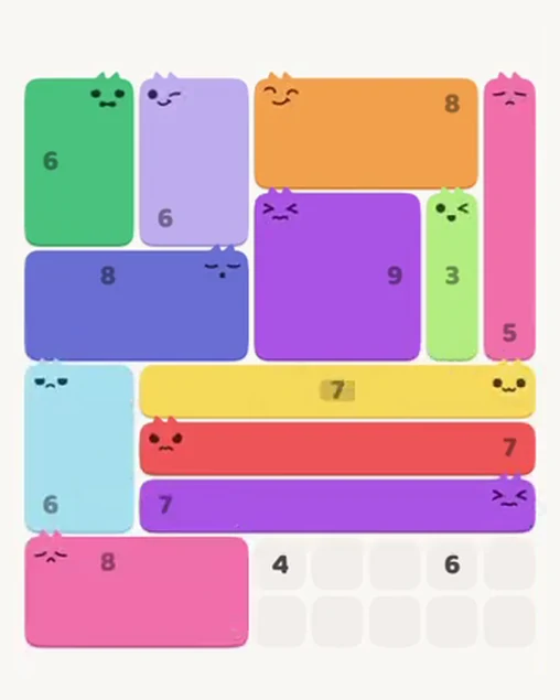 MeowBlock Level 54 after step 12, placing the 8-cell rectangular block at the lower-left area