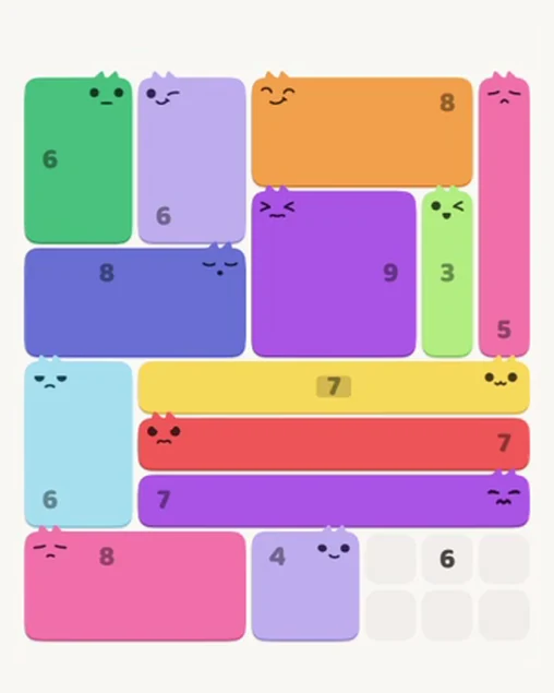 MeowBlock Level 54 after step 13, placing the 4-cell square block at the lower center