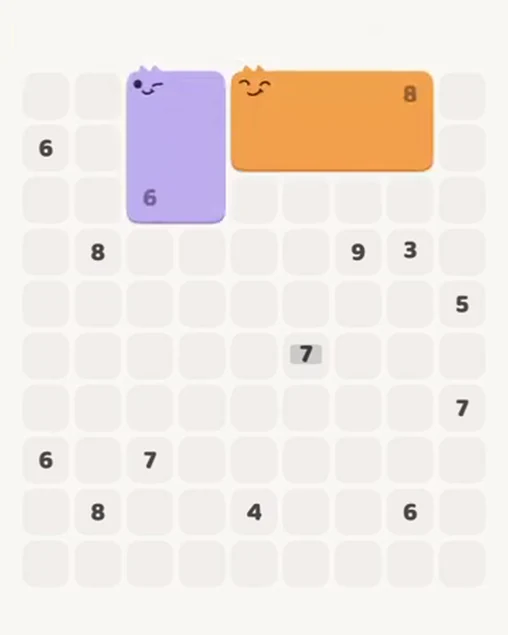 MeowBlock Level 54 after step 2, placing the 6-cell rectangular block at the upper center