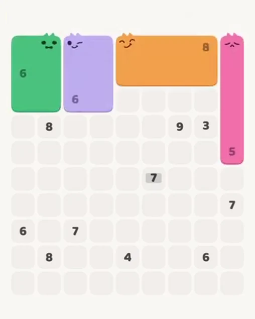 MeowBlock Level 54 after step 4, placing the 5-cell vertical block at the upper-right area