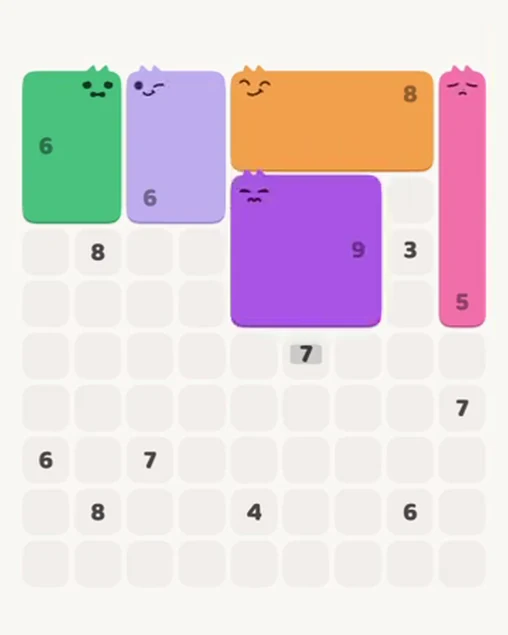 MeowBlock Level 54 after step 5, placing the 9-cell square block at the middle-right area