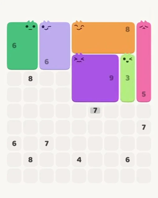 MeowBlock Level 54 after step 6, placing the 3-cell vertical block at the middle-right area