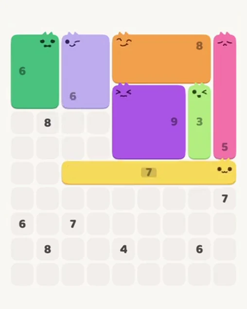 MeowBlock Level 54 after step 7, placing the 7-cell horizontal block at the middle-right area