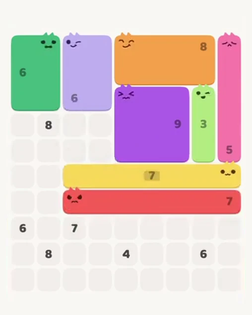 MeowBlock Level 54 after step 8, placing the 7-cell horizontal block at the lower-right area