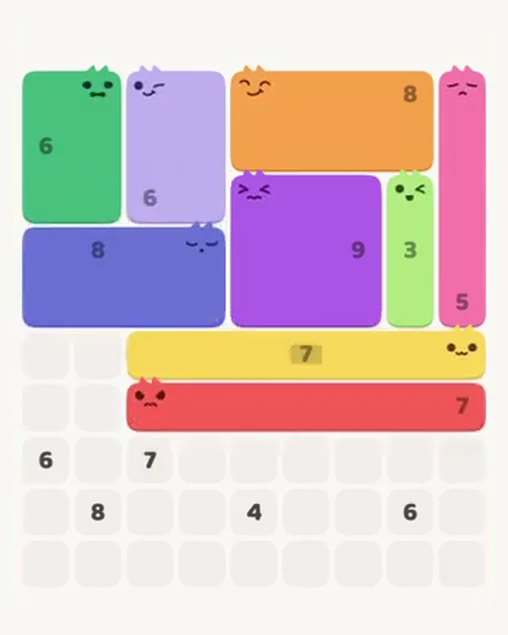MeowBlock Level 54 after step 9, placing the 8-cell rectangular block at the middle-left area