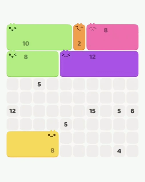 MeowBlock Level 55 after step 6, placing the 10-cell rectangular block at the middle-right area