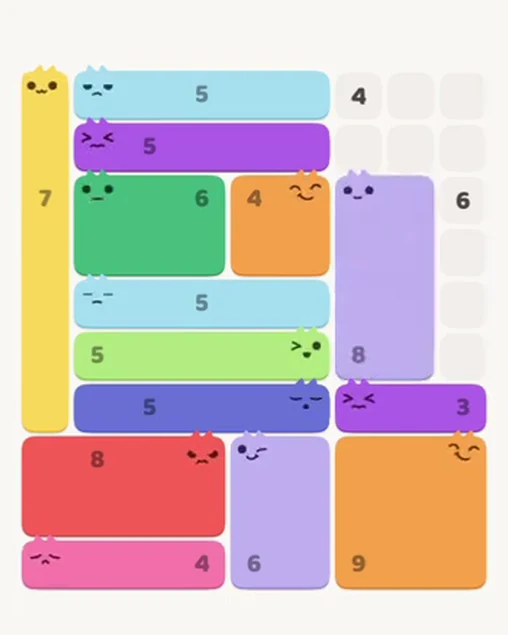 MeowBlock Level 56 after step 14, placing the 8-cell rectangular block at the middle-right area