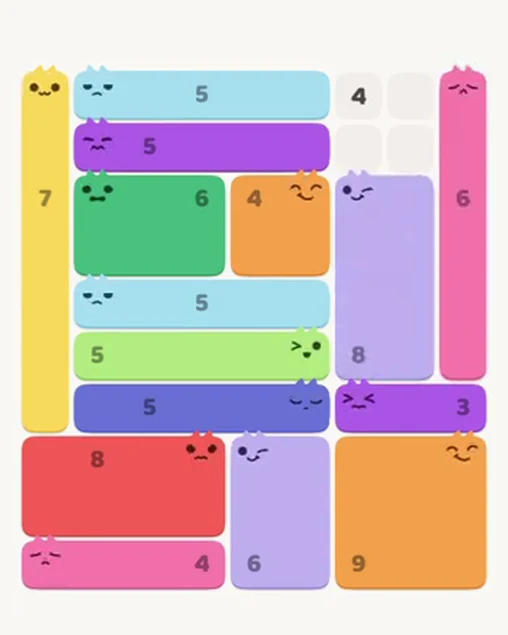 MeowBlock Level 56 after step 15, placing the 6-cell vertical block at the middle-right area